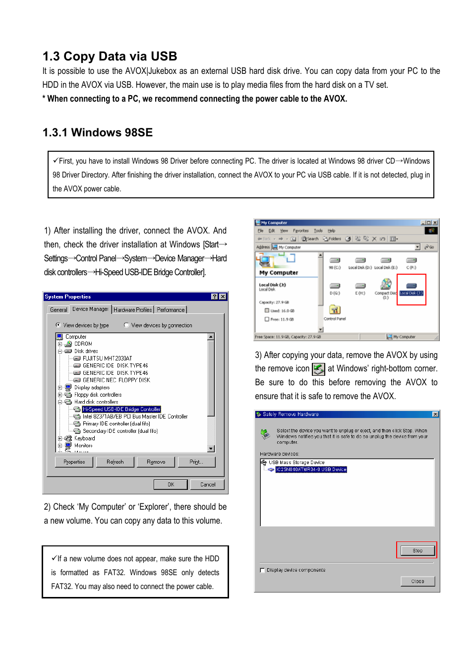 3 copy data via usb, 1 windows 98se | Vantec Jukebox User Manual | Page 14 / 36
