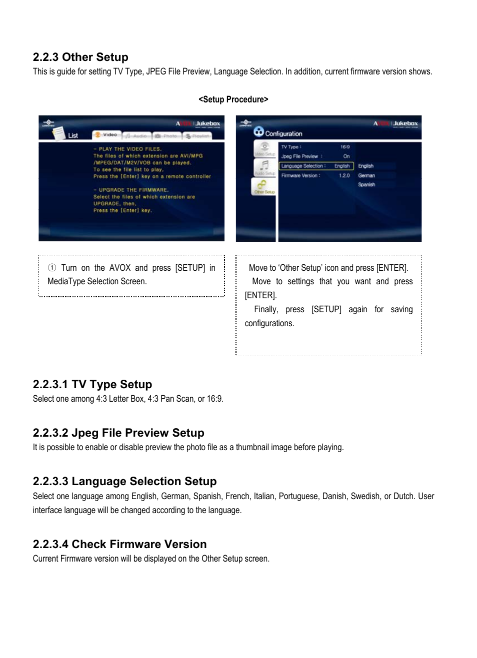 3 other setup, 1 tv type setup, 2 jpeg file preview setup | 3 language selection setup, 4 check firmware version | Vantec Jukebox User Manual | Page 23 / 36