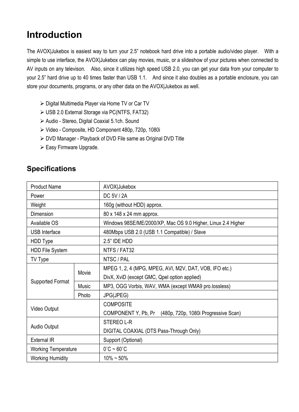 Introduction, Specifications | Vantec Jukebox User Manual | Page 4 / 36