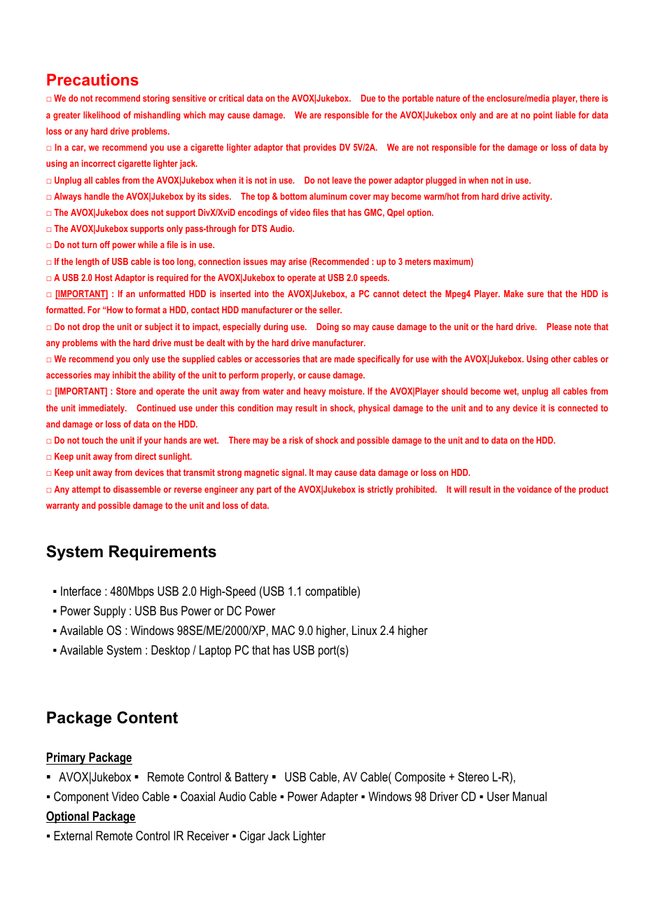 Precautions, System requirements, Package content | Vantec Jukebox User Manual | Page 5 / 36