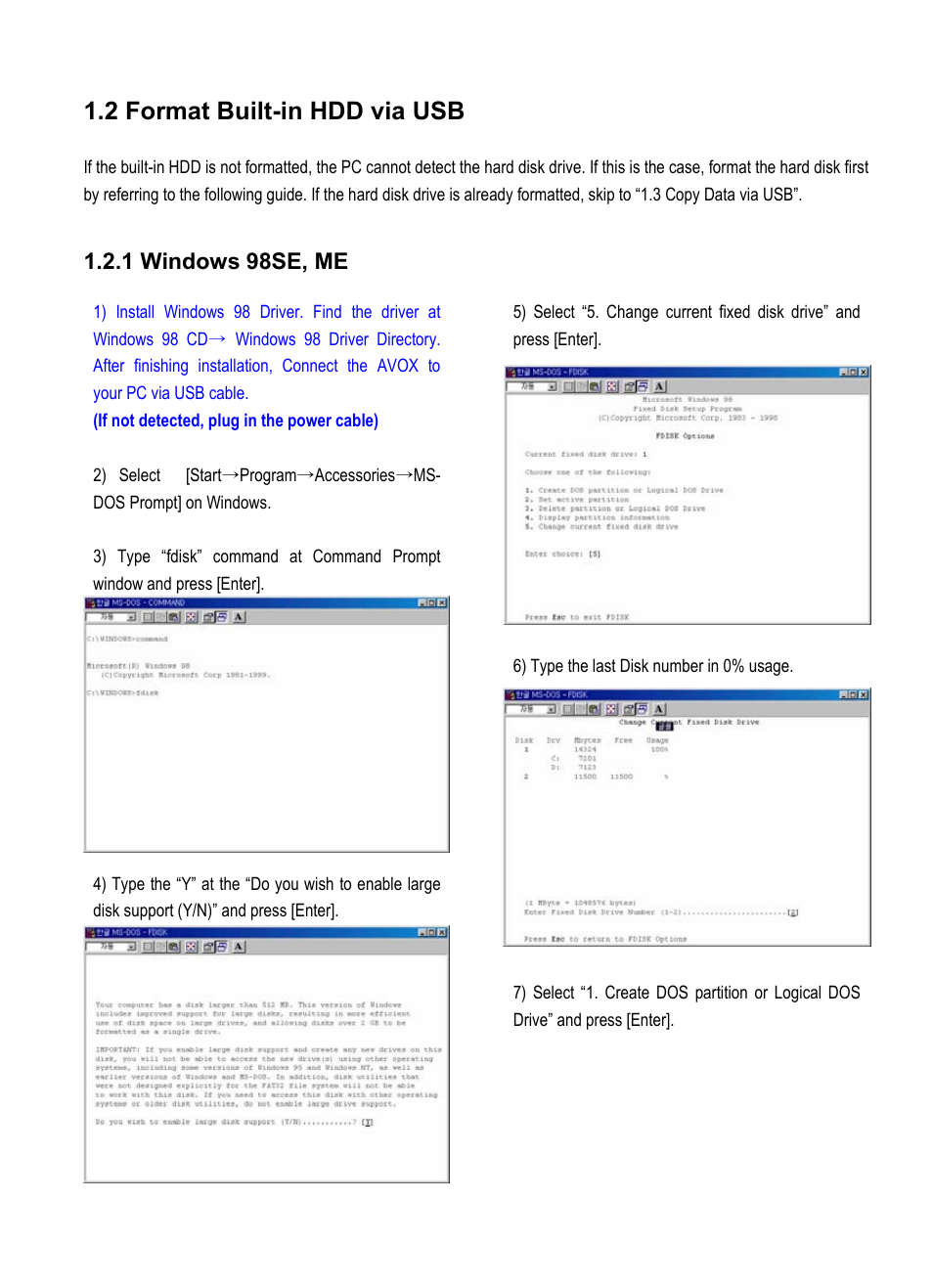 2 format built-in hdd via usb, 1 windows 98se, me | Vantec Jukebox User Manual | Page 8 / 36