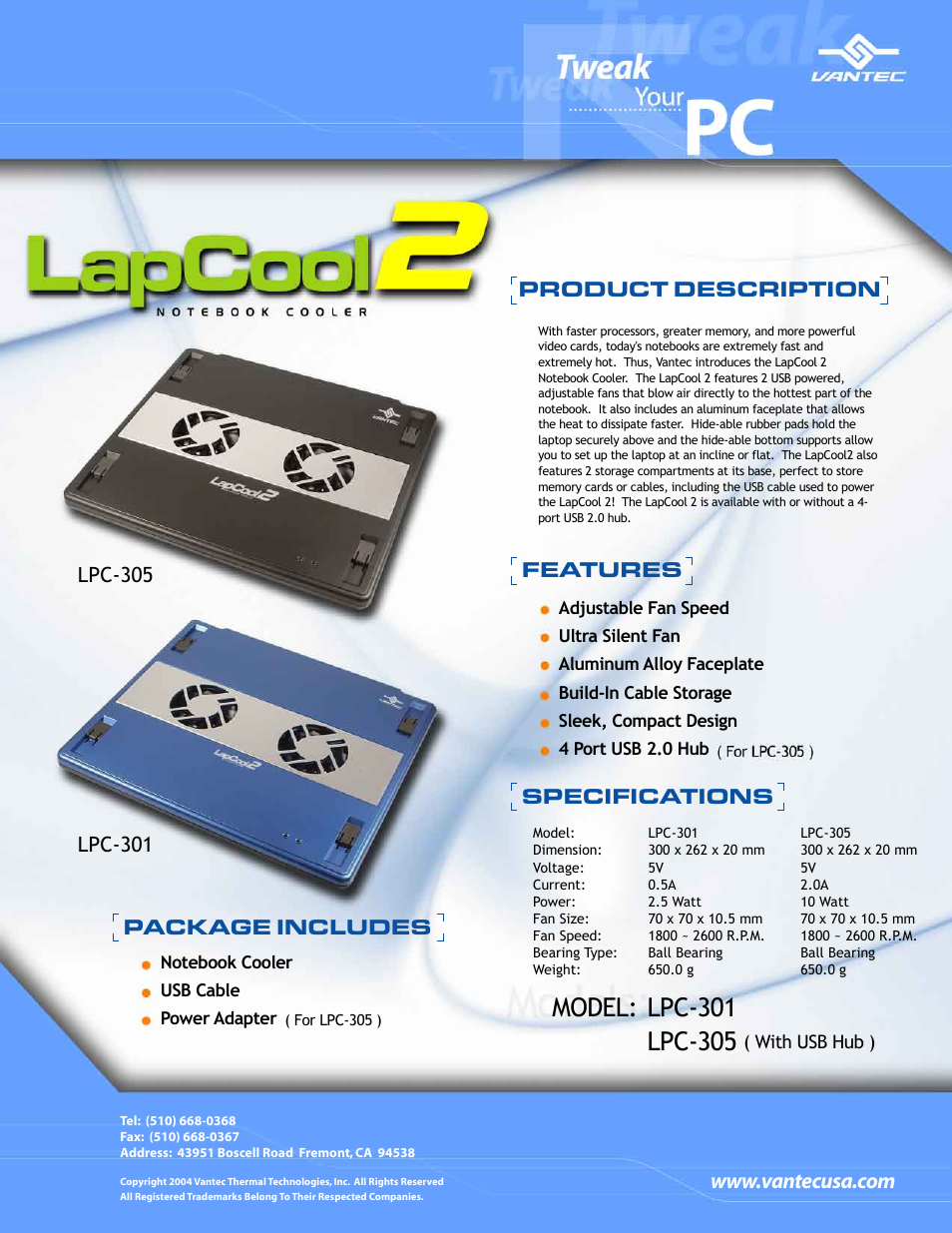 Vantec LapCool 2 Notebook Cooler LPC-301 User Manual | 1 page