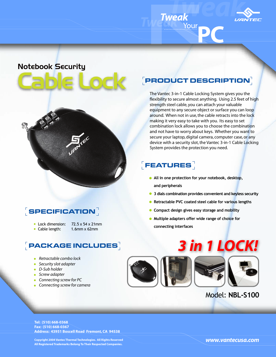 Vantec Notebook Security Cable Lock NBL-S100 User Manual | 1 page