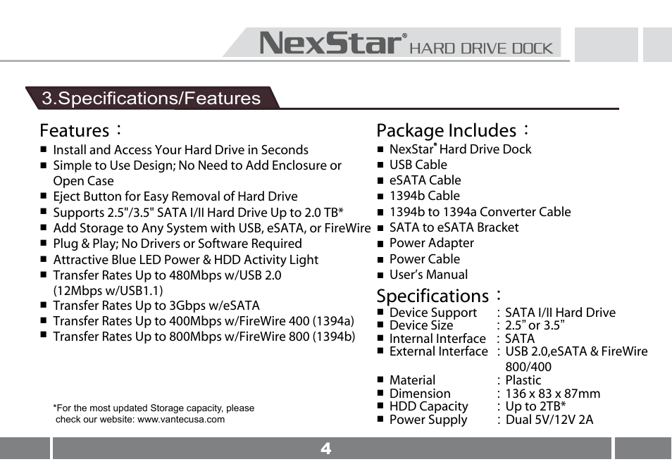 Package includes： specifications, Features, Specifications/features | Vantec NST-D100FBSU User Manual | Page 5 / 21