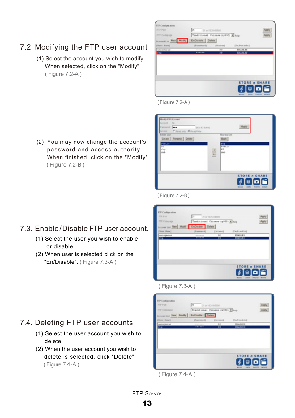 2 modifying the ftp user account, Deleting ftp user accounts, Enable /disable ftp user account | Vantec LX ULTRA User Manual | Page 15 / 33