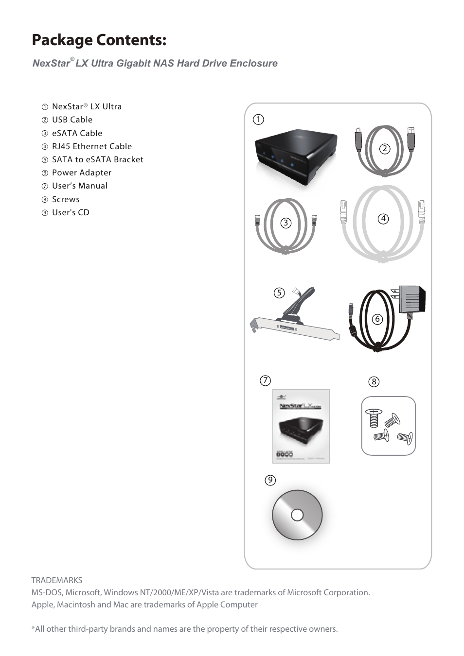 Package contents, Nexstar lx ultra gigabit nas hard drive enclosure | Vantec LX ULTRA User Manual | Page 2 / 33