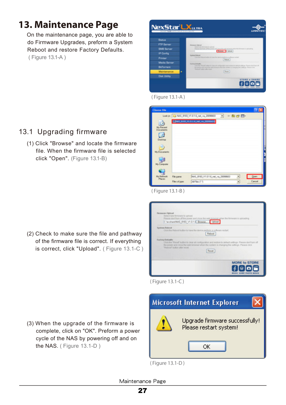 Maintenance page, 1 upgrading firmware | Vantec LX ULTRA User Manual | Page 29 / 33