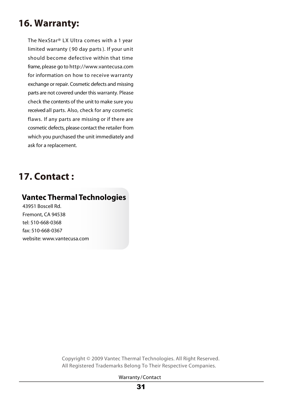 Warranty: 17. contact, Vantec thermal technologies | Vantec LX ULTRA User Manual | Page 33 / 33