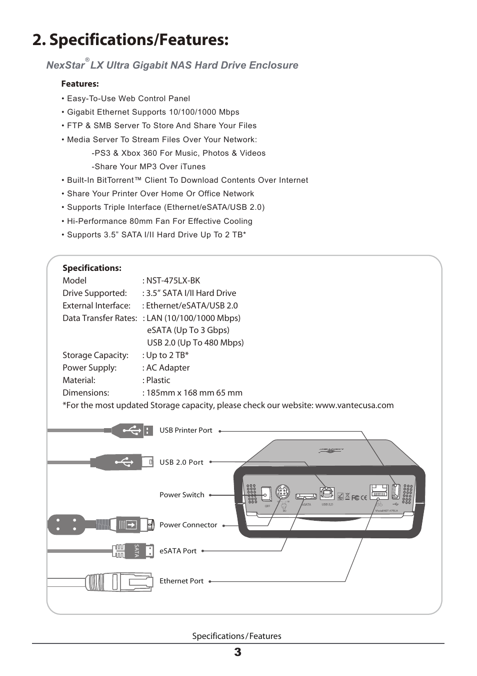 Specifications/features | Vantec LX ULTRA User Manual | Page 5 / 33