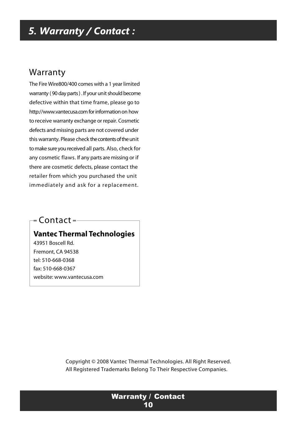 Warranty / contact, Warranty, Contact | Vantec thermal technologies | Vantec FireWire 800 User Manual | Page 12 / 12
