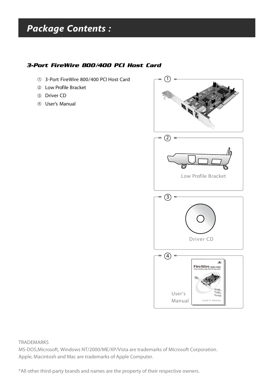 Package contents, Low profile bracket, Driver cd | User’s manual, Driver cd 1 | Vantec FireWire 800 User Manual | Page 2 / 12