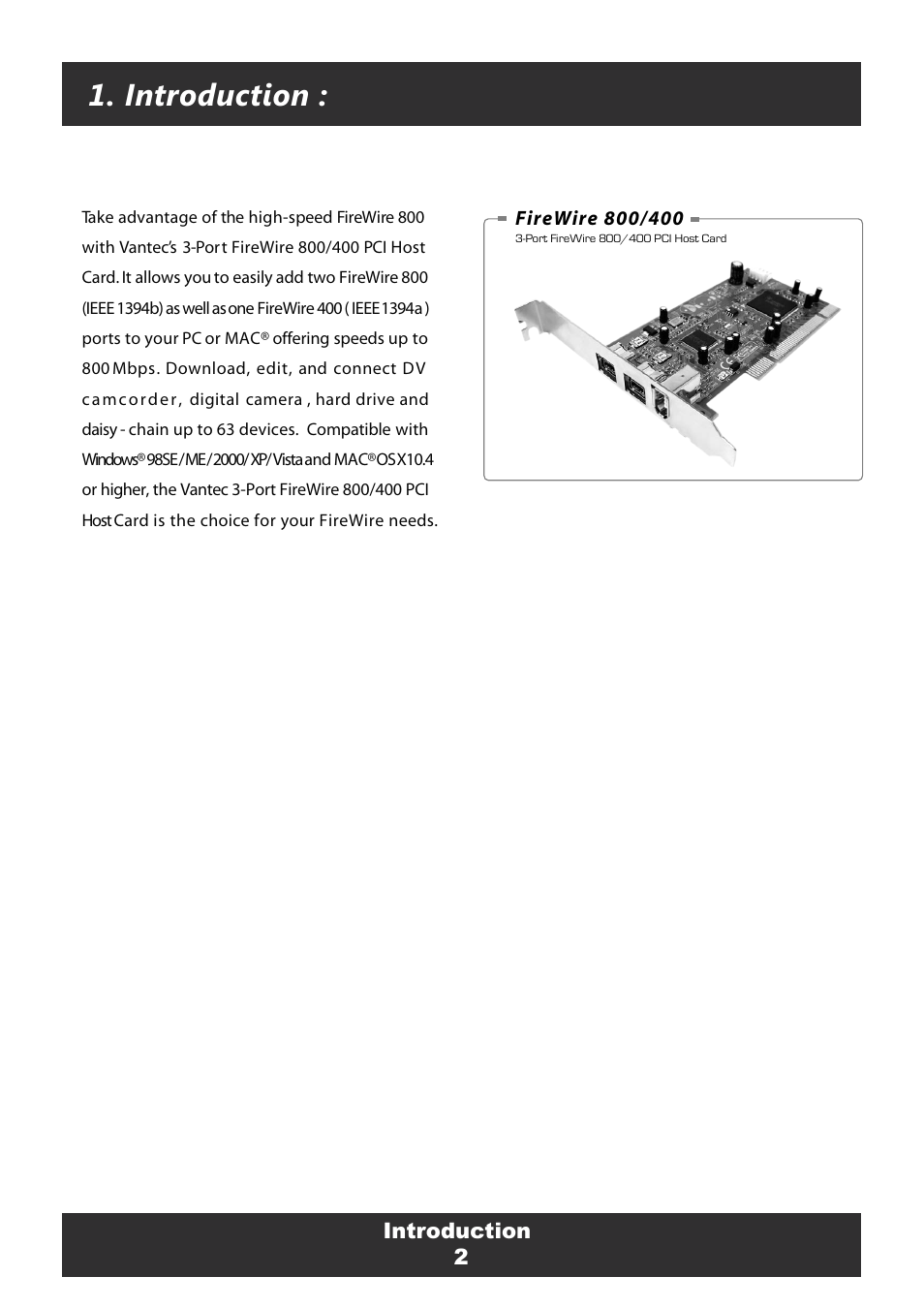 Introduction | Vantec FireWire 800 User Manual | Page 4 / 12