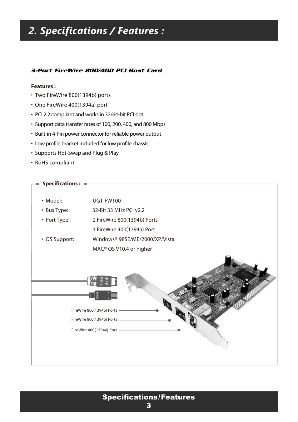 Specifications / features, 3specifications/features | Vantec FireWire 800 User Manual | Page 5 / 12