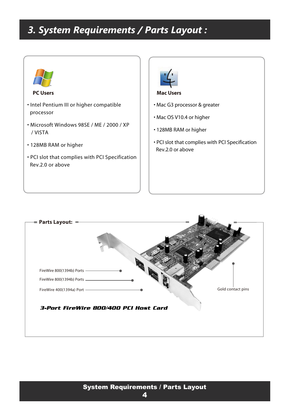 System requirements / parts layout | Vantec FireWire 800 User Manual | Page 6 / 12