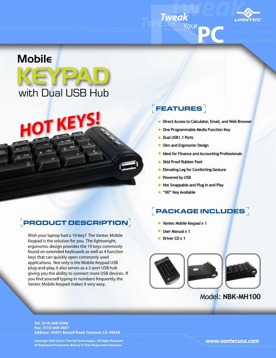 Vantec Mobile Keypad with Dual USB Hub NBK-MH100 User Manual | 1 page