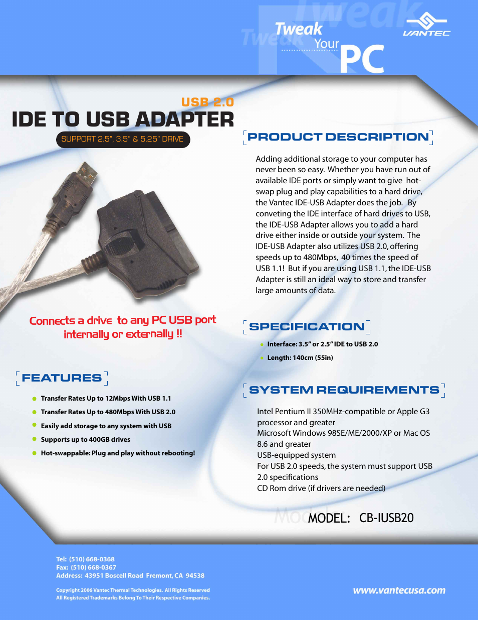 Vantec CB-IUSB20 User Manual | 1 page