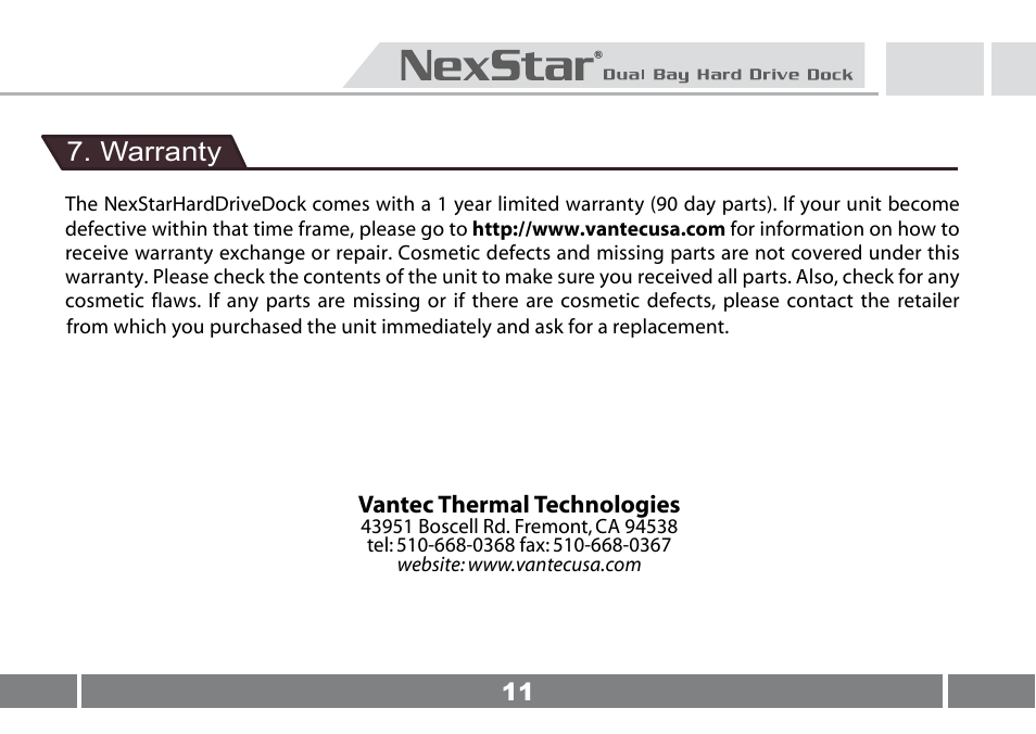 Warranty | Vantec NexStar Dual Bay Hard Drive Dock NST-D200SU User Manual | Page 13 / 13