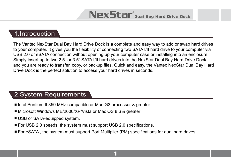 Introduct 2.system requirements, Introduction | Vantec NexStar Dual Bay Hard Drive Dock NST-D200SU User Manual | Page 3 / 13