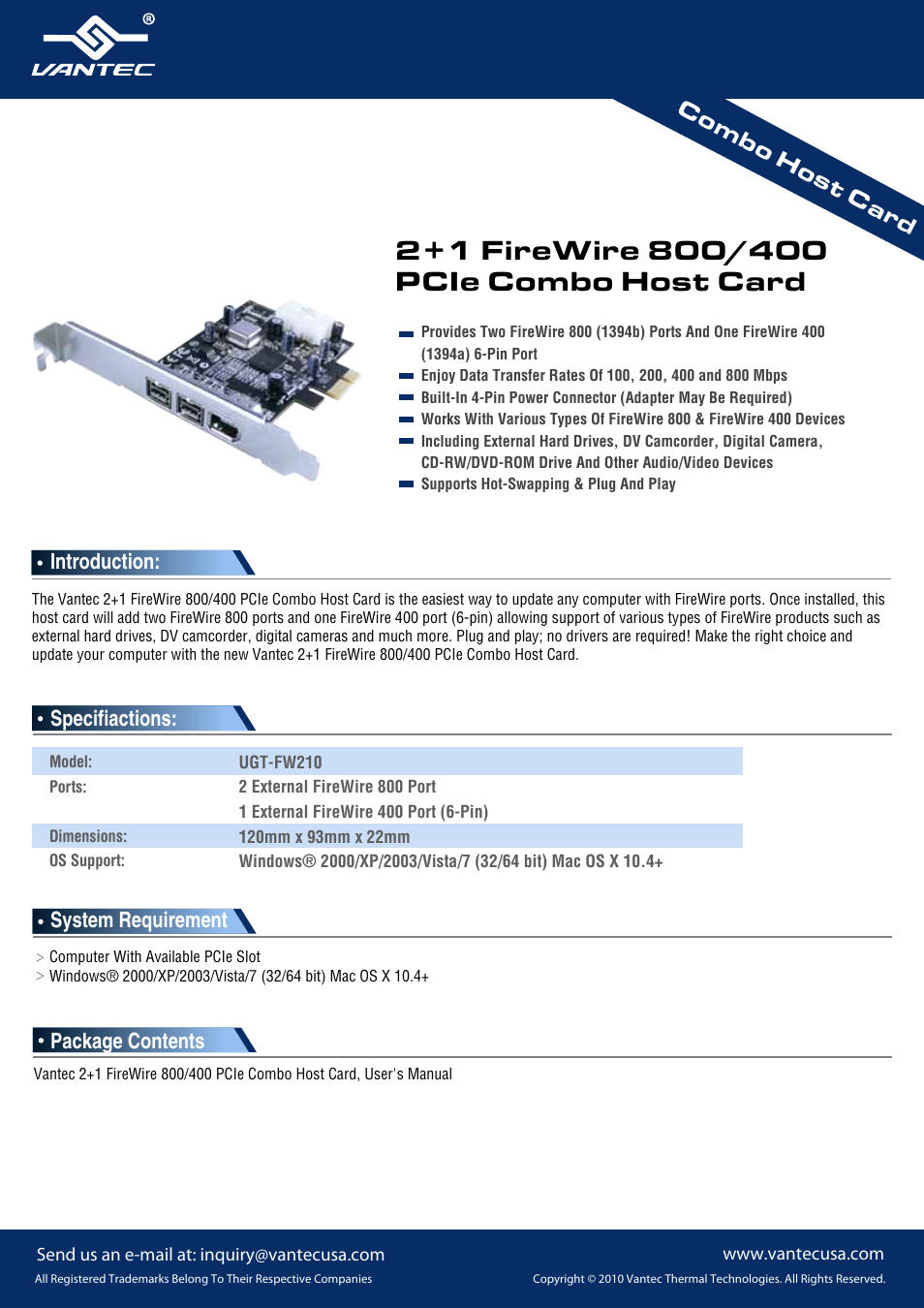 Vantec 800 User Manual | 1 page