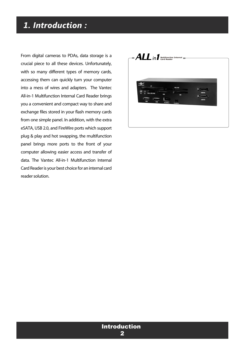 Introduction, 2introduction | Vantec Multifunction Internal Card Reader UGT-CR955-BK User Manual | Page 4 / 10