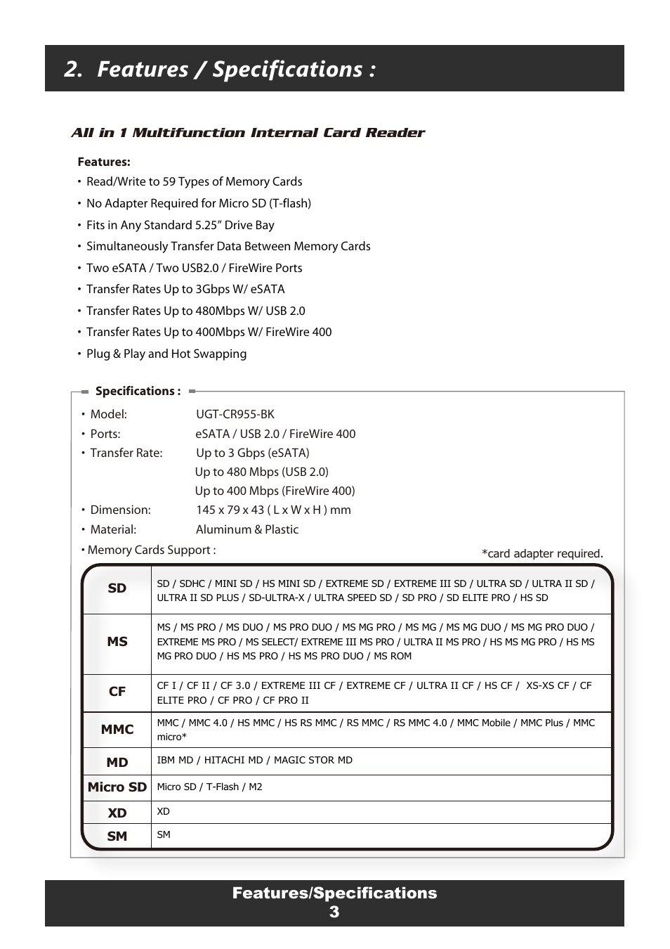 Features / specifications, 3features/specifications | Vantec Multifunction Internal Card Reader UGT-CR955-BK User Manual | Page 5 / 10