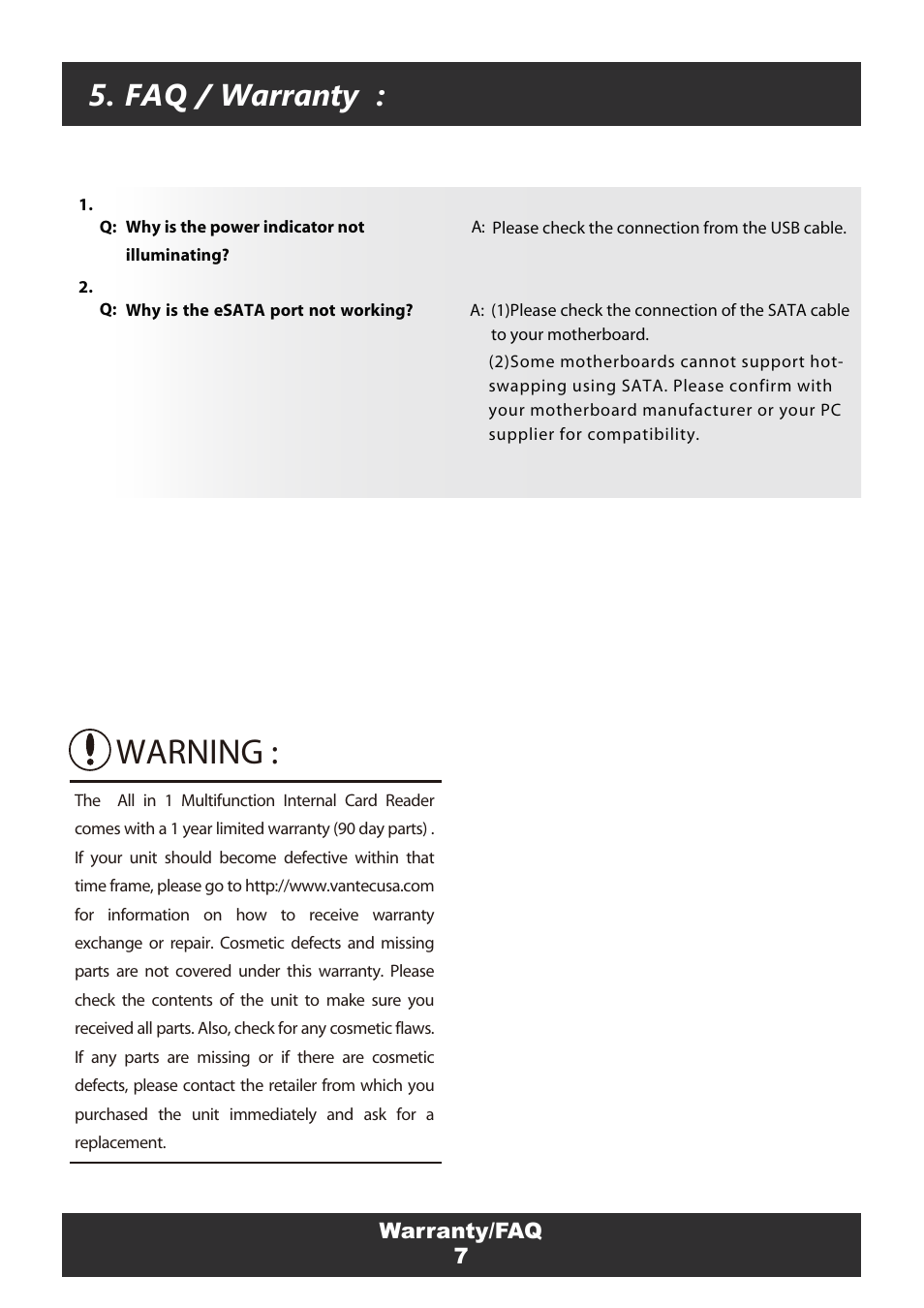 Warning, Faq / warranty | Vantec Multifunction Internal Card Reader UGT-CR955-BK User Manual | Page 9 / 10