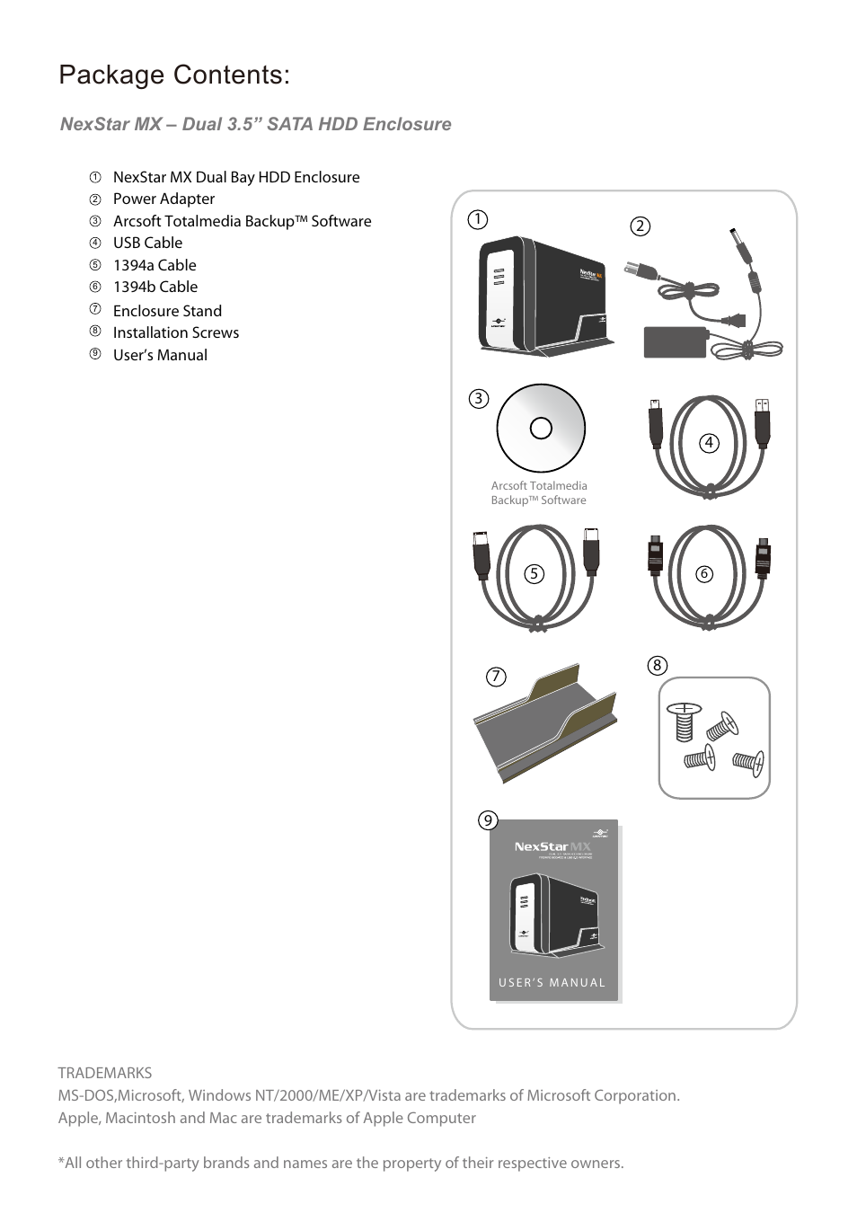 Package contents, Nexstar mx – dual 3.5” sata hdd enclosure | Vantec Dual Bay External HDD Enclosure NexStar MX User Manual | Page 2 / 26