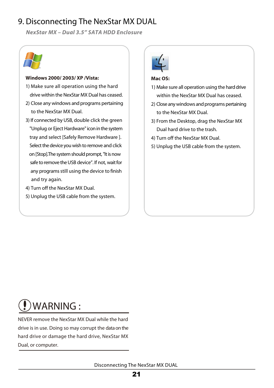 Warning, Disconnecting the nexstar mx dual | Vantec Dual Bay External HDD Enclosure NexStar MX User Manual | Page 23 / 26