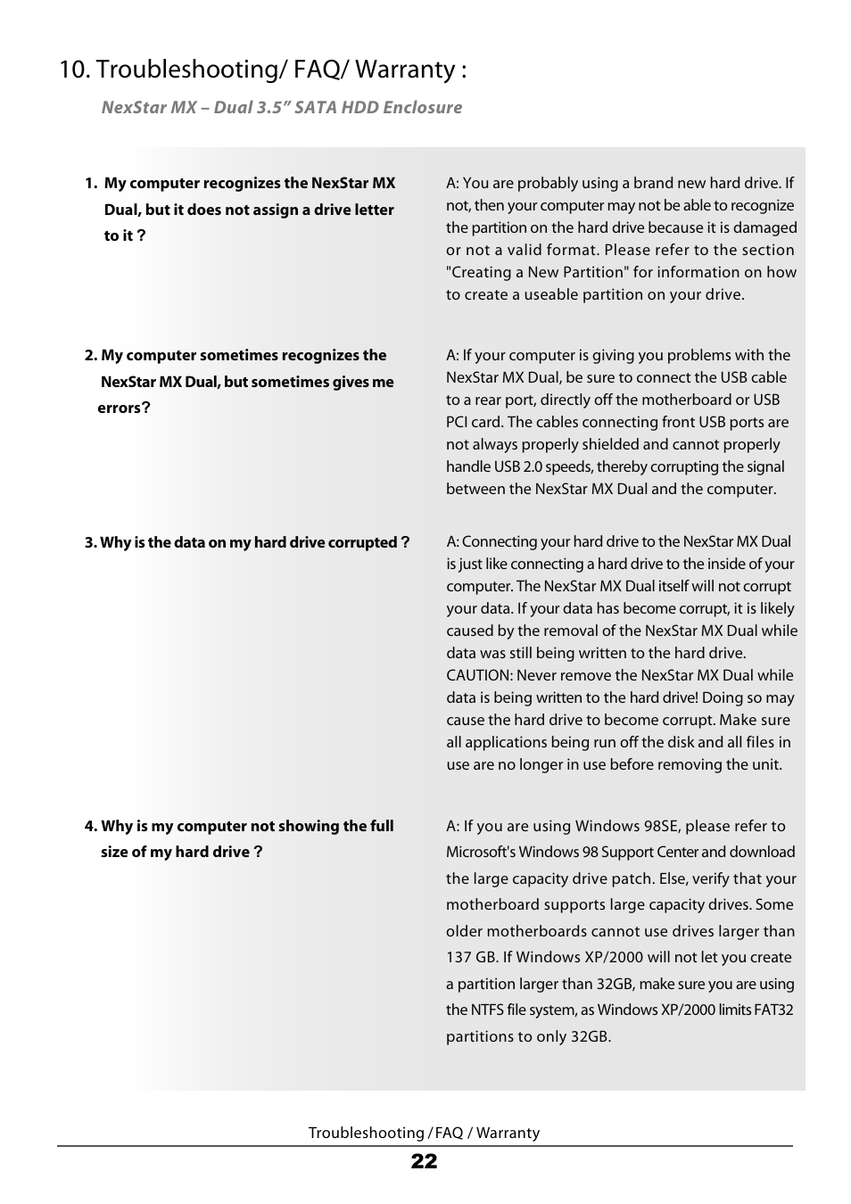 Troubleshooting/ faq/ warranty | Vantec Dual Bay External HDD Enclosure NexStar MX User Manual | Page 24 / 26