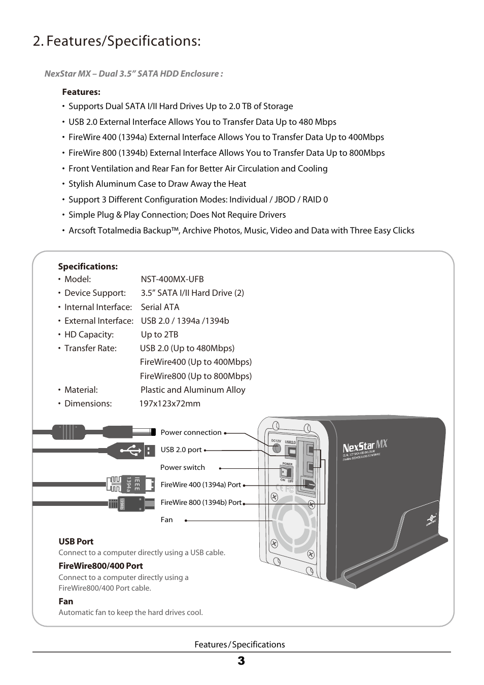 Features/specifications | Vantec Dual Bay External HDD Enclosure NexStar MX User Manual | Page 5 / 26