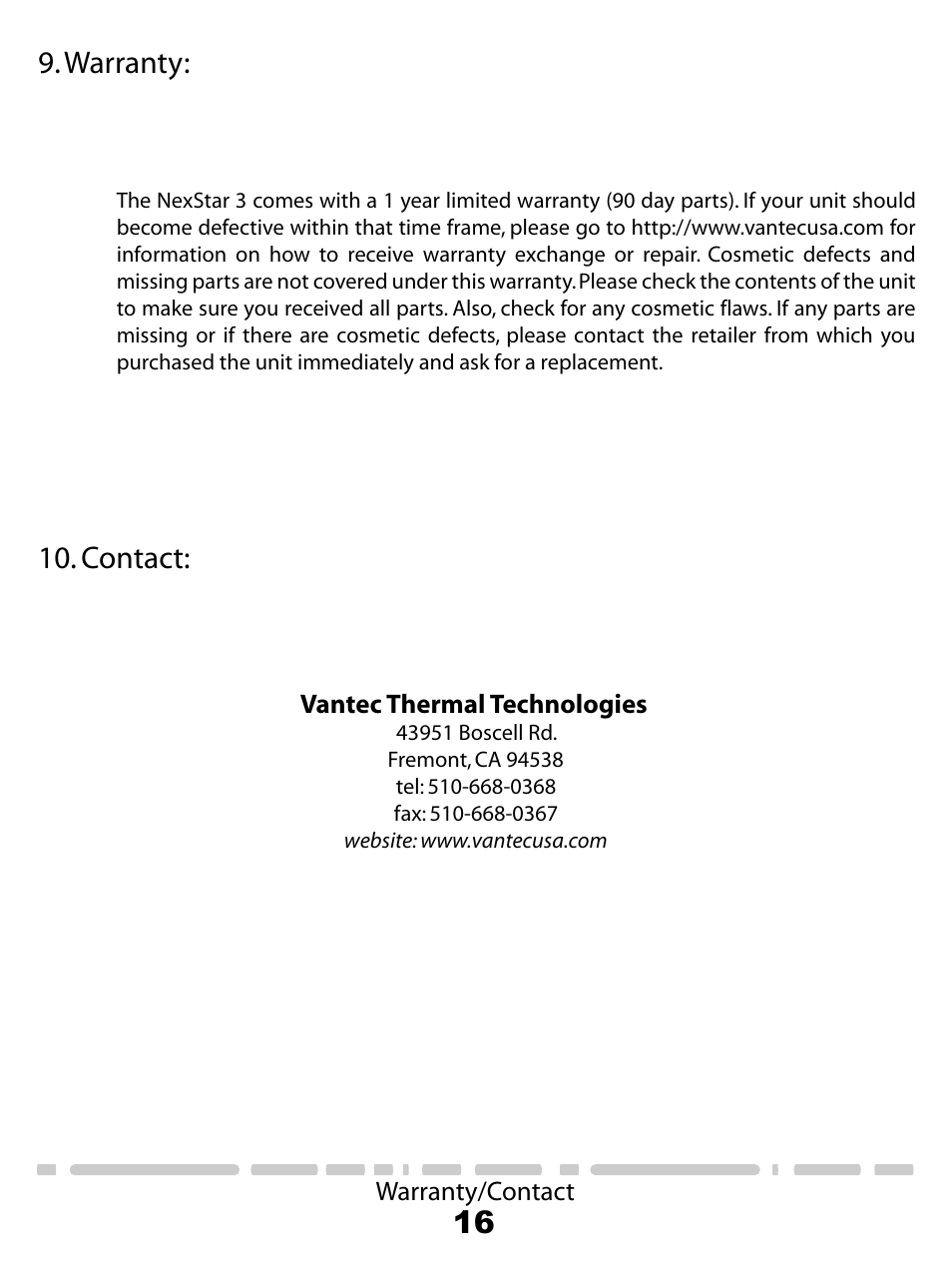 16 9. warranty, Contact | Vantec NexStart.3 NST-260U2-RD User Manual | Page 18 / 18