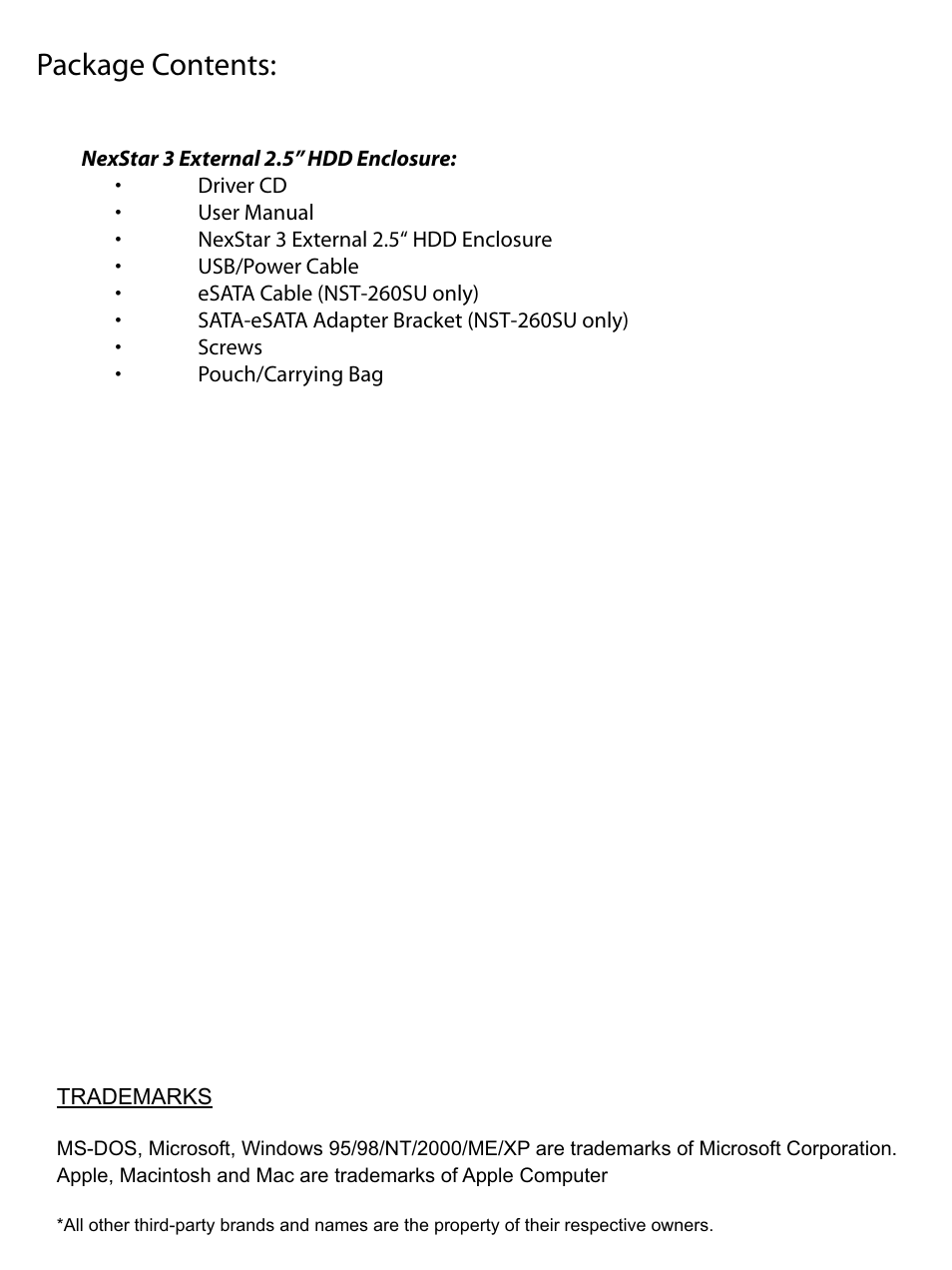 Package contents | Vantec NexStart.3 NST-260U2-RD User Manual | Page 2 / 18