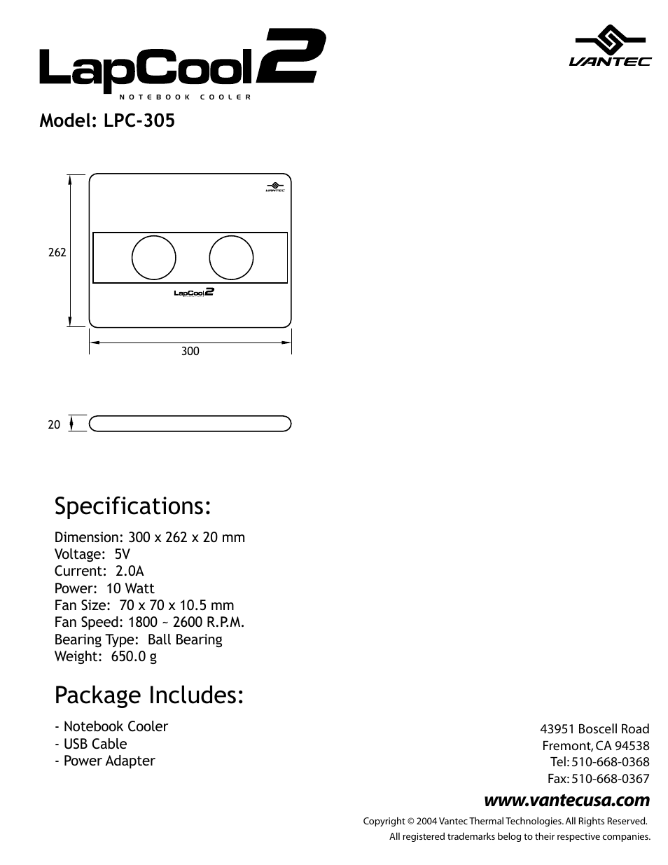 Vantec LapCool 2 Notebook Cooler LPC-305 User Manual | 1 page