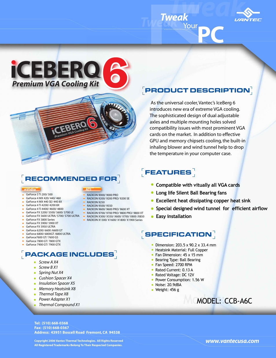 Vantec IceBerg 6 CCB-A6C User Manual | 1 page