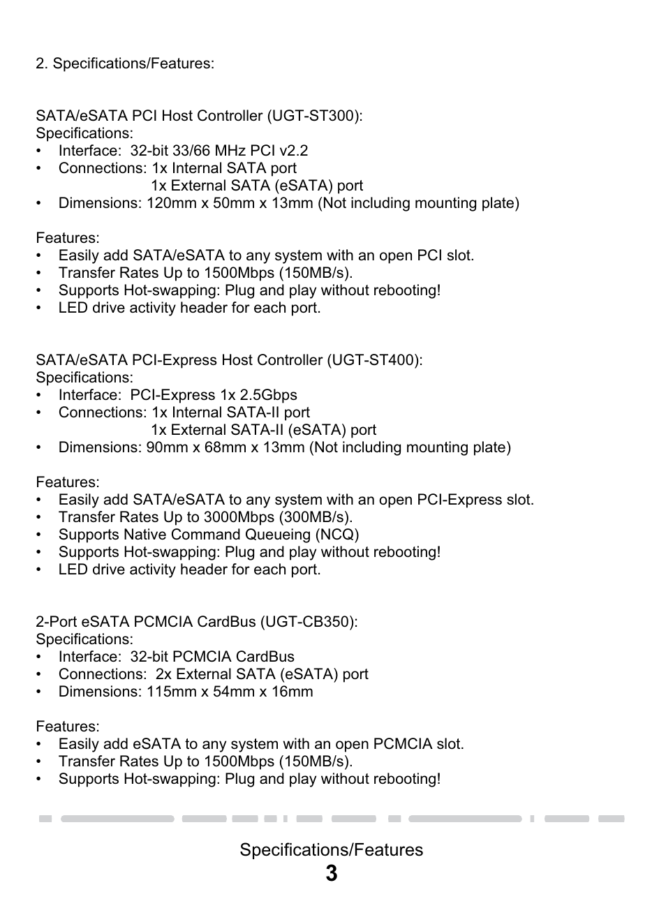Specifications/features | Vantec eSATA PCI & PCI-E Card & CardBus User Manual | Page 5 / 15
