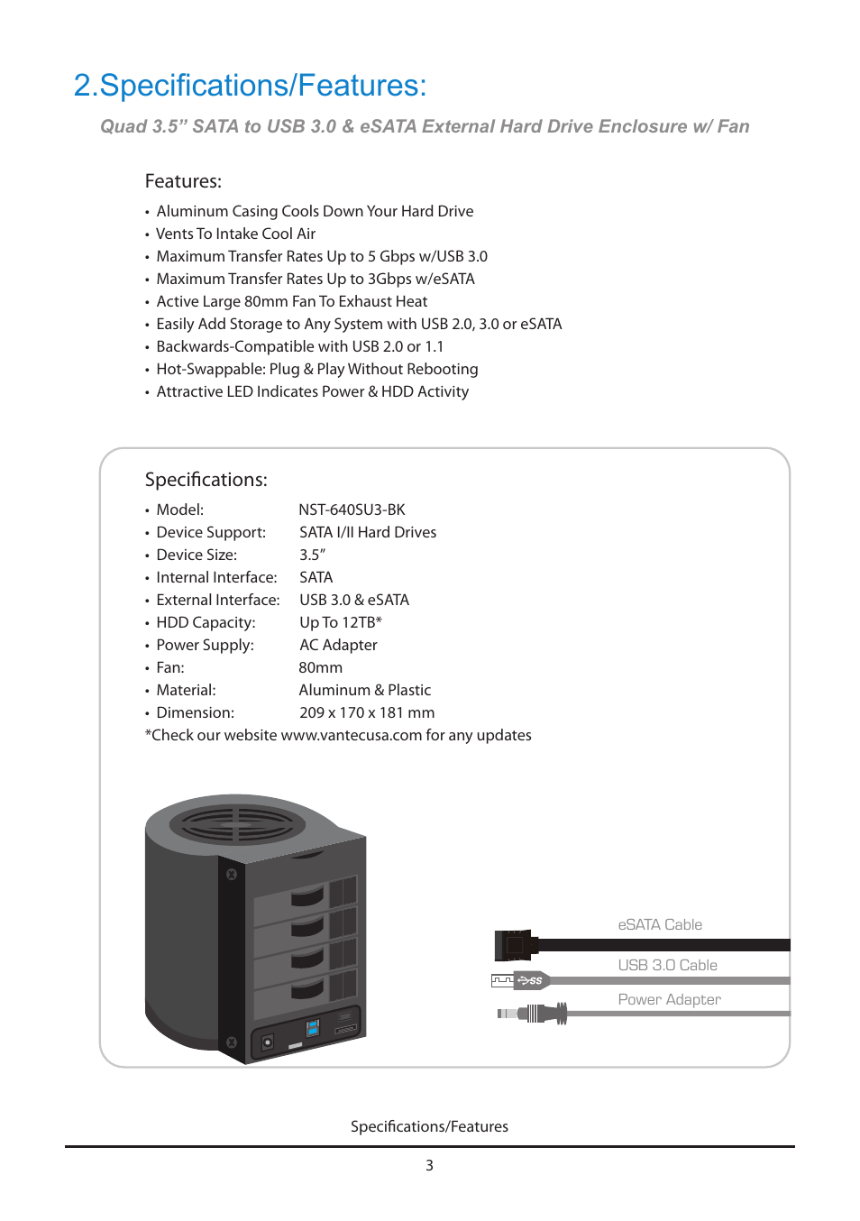 Specifications/features | Vantec HX4 User Manual | Page 5 / 15