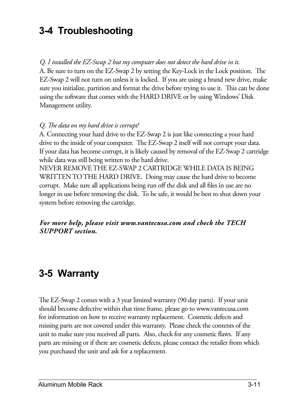 4 troubleshooting, 5 warranty | Vantec EZ-SWAP 2 MRK-300FD-BK User Manual | Page 11 / 11