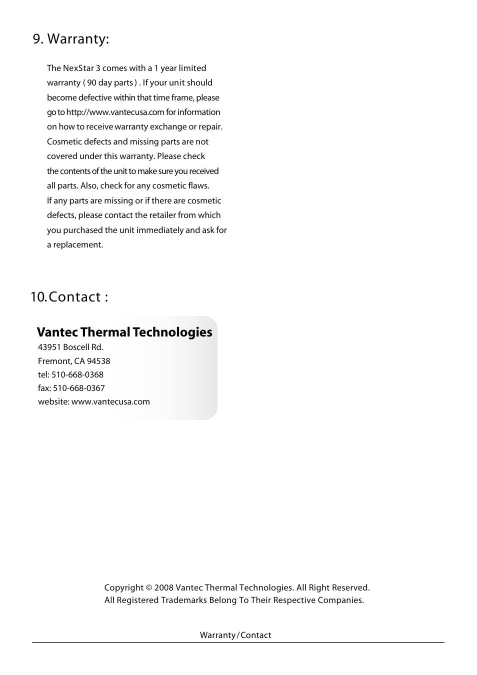 Warranty: 10. contact, Vantec thermal technologies | Vantec NST-360FBSU-BK User Manual | Page 19 / 19