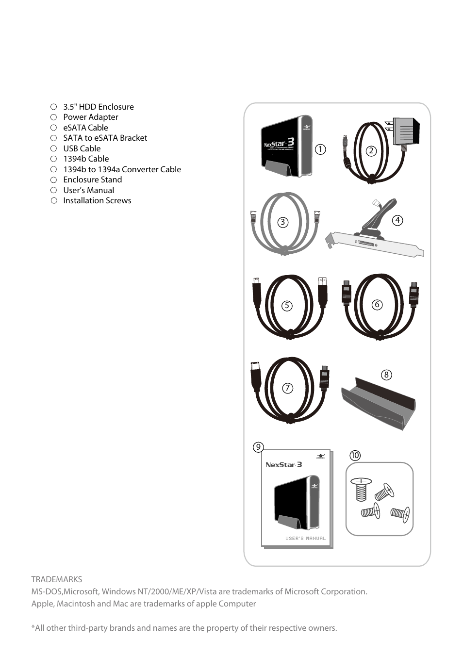 Package contents, 5" hdd enclosure, Power adapter | Esata cable, Sata to esata bracket, Usb cable, 1394b cable, Enclosure stand, User’s manual | Vantec NST-360FBSU-BK User Manual | Page 2 / 19