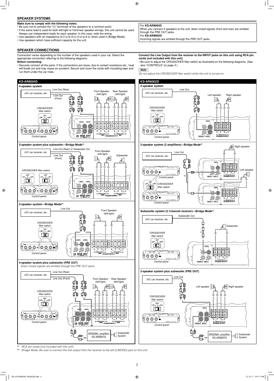 Speaker systems, Speaker connections | Victor Enterprise KS-AR8004D KS-AR8002D User Manual | Page 2 / 6