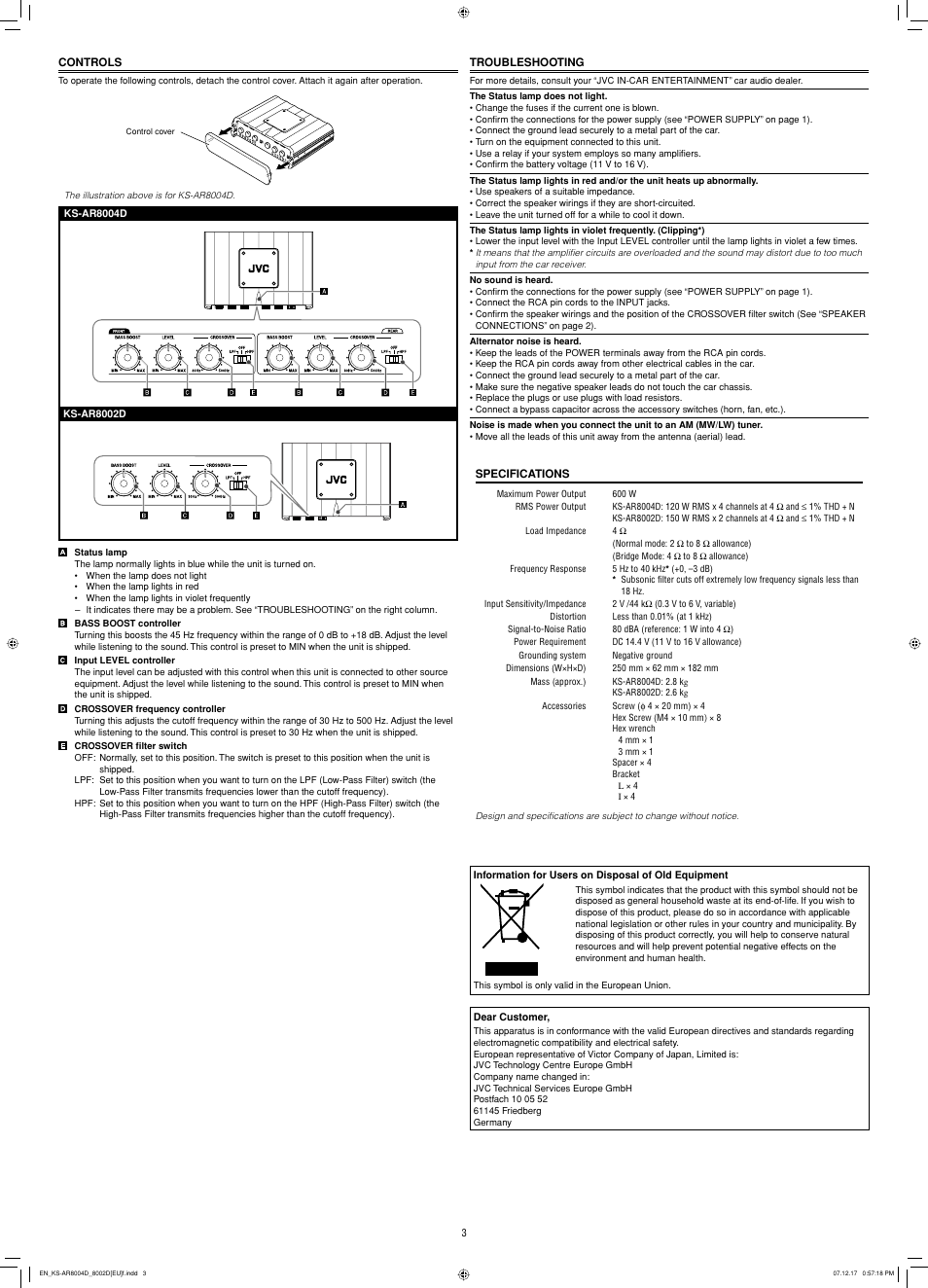 Controls, Troubleshooting, Specifications | Victor Enterprise KS-AR8004D KS-AR8002D User Manual | Page 6 / 6