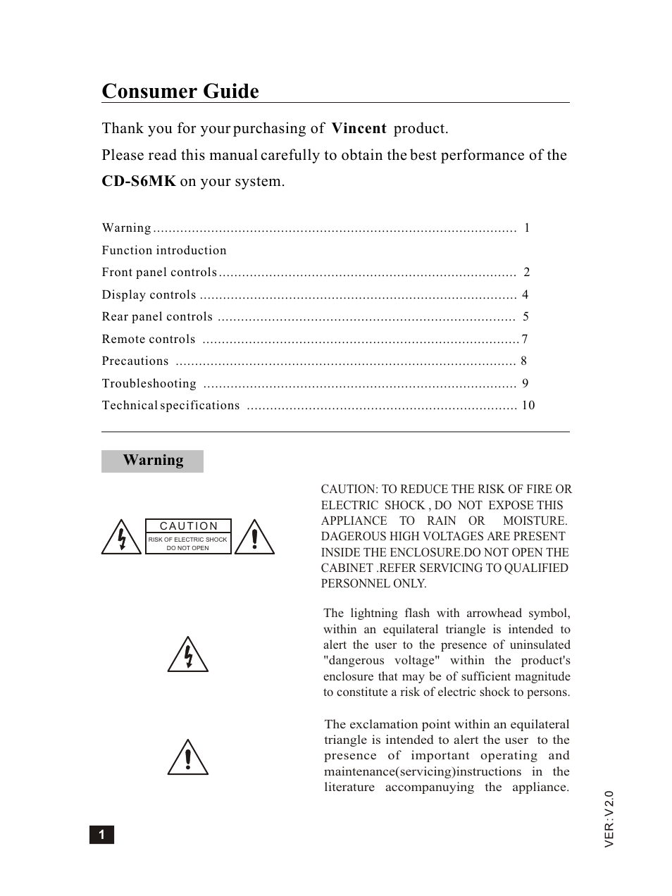 Т³гж 2, Consumer guide, Warning | Vincent Audio CD-S6MK User Manual | Page 2 / 12