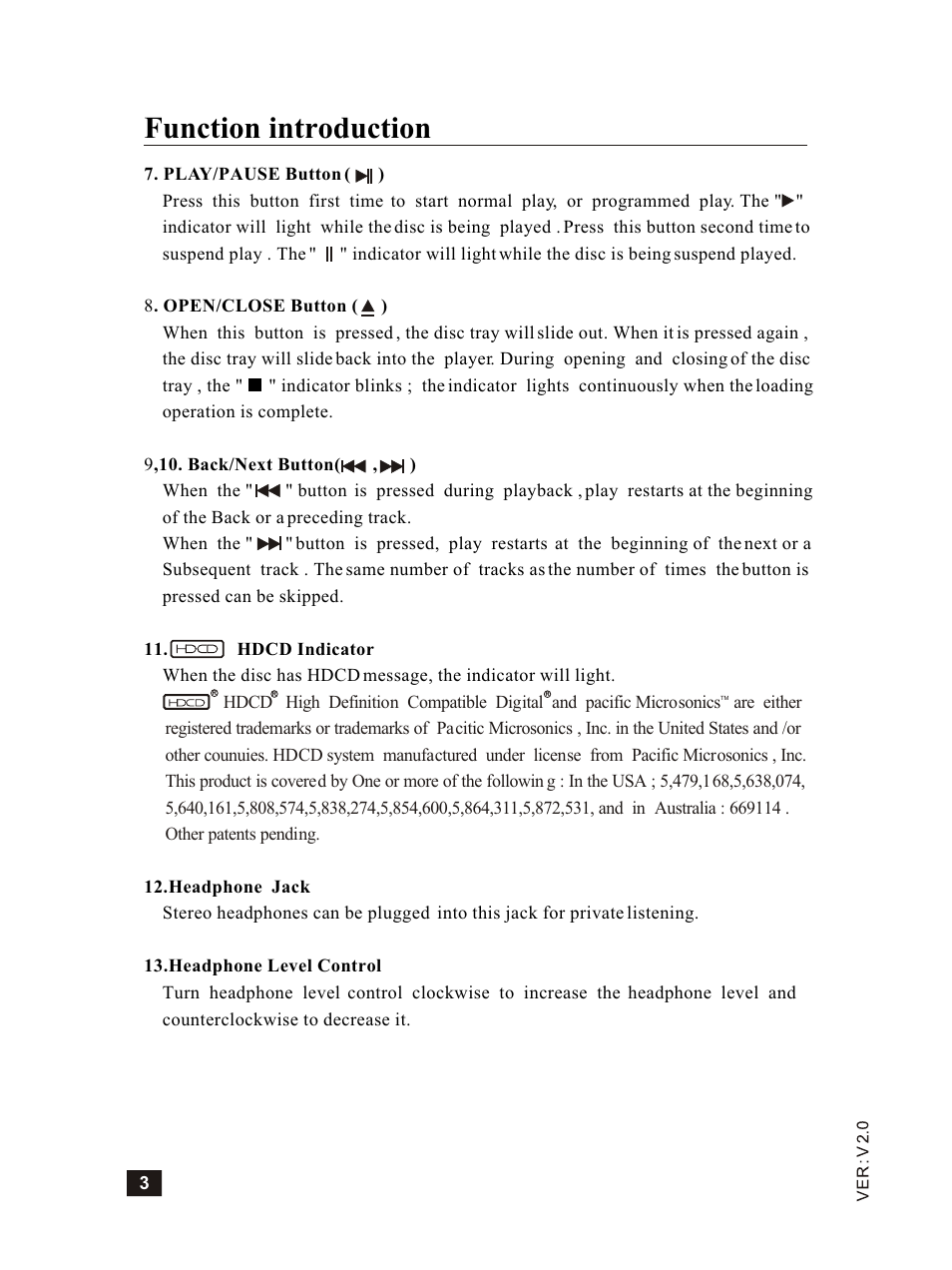 Т³гж 4, Function introduction | Vincent Audio CD-S6MK User Manual | Page 4 / 12