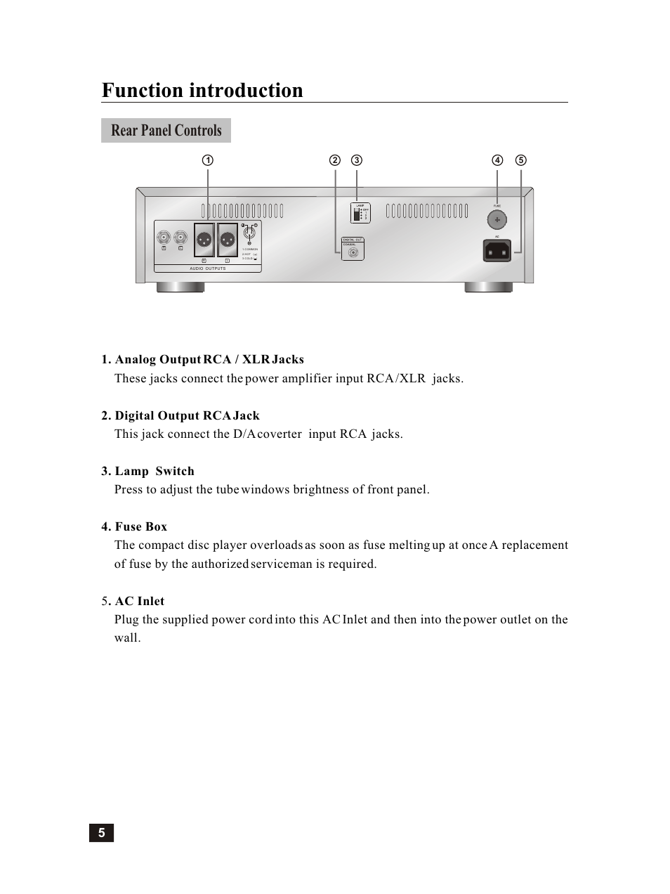 Т³гж 6, Function introduction, Rear panel controls | Vincent Audio CD-S6MK User Manual | Page 6 / 12