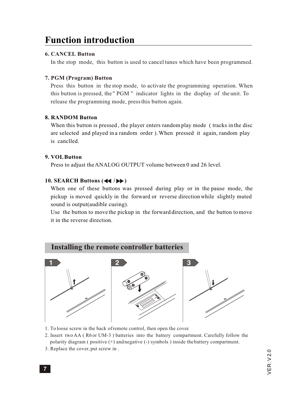 Т³гж 8, Function introduction, Installing the remote controller batteries | Vincent Audio CD-S6MK User Manual | Page 8 / 12