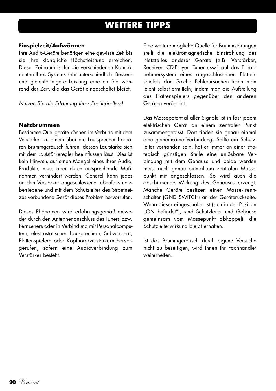 Vincent, Wwe eiitte er re e ttiip pp ps s | Vincent Audio SV-234 User Manual | Page 20 / 64