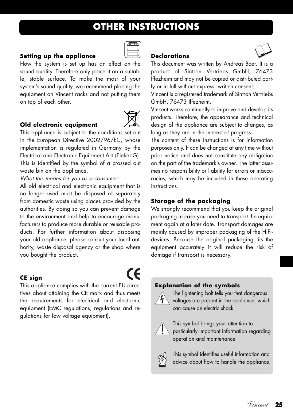 Vincent, Ootth he er r iin ns sttr ru uc cttiio on ns s | Vincent Audio SV-234 User Manual | Page 25 / 64