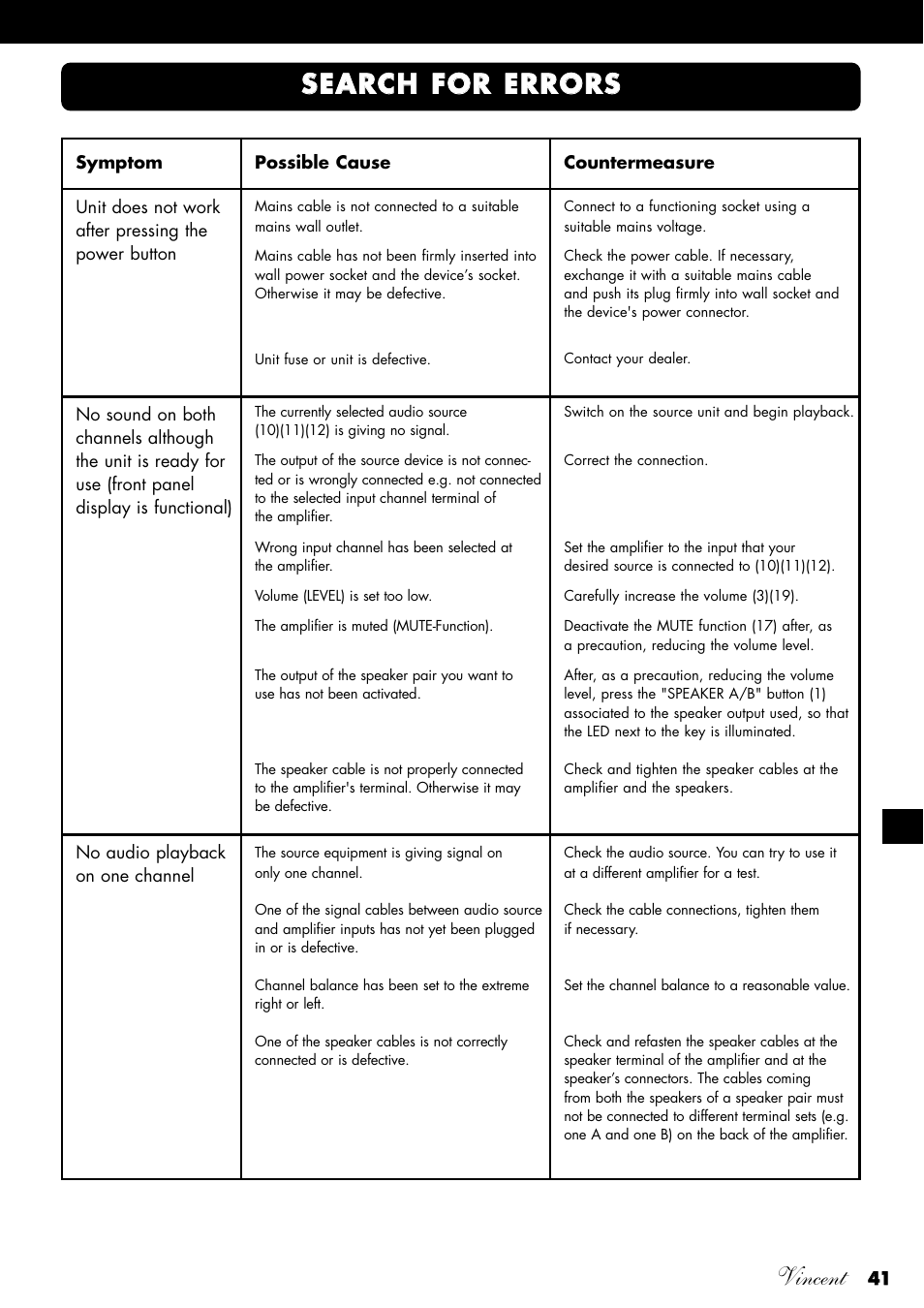 Vincent, Sse ea ar rc ch h ffo or r e er rr ro or rs s | Vincent Audio SV-234 User Manual | Page 41 / 64