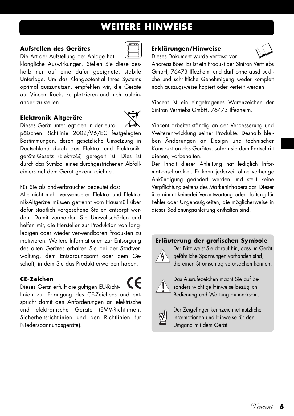Vincent, Wwe eiitte er re e h hiin nw we eiis se e | Vincent Audio SV-234 User Manual | Page 5 / 64