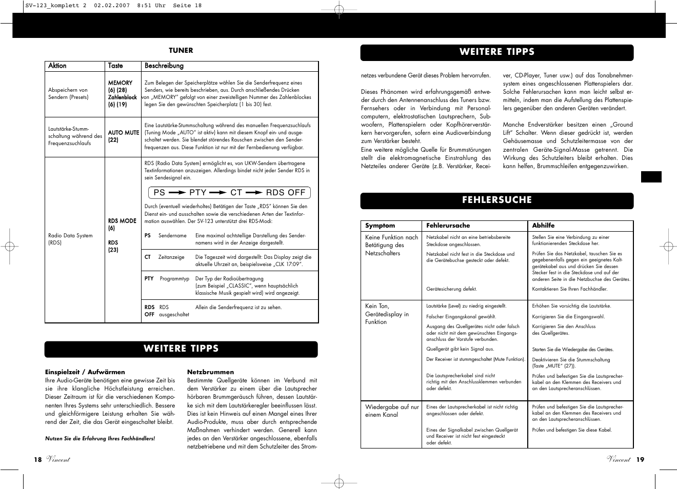 Vincent, Weitere tipps, Fehlersuche vincent | Vincent Audio SV-123 User Manual | Page 10 / 31